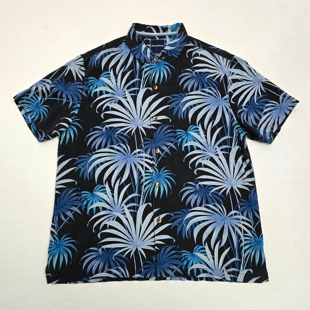 Tommy Bahama Mens XL Silk Tropical Palm Leaf Print Button Down Shirt Black Blue